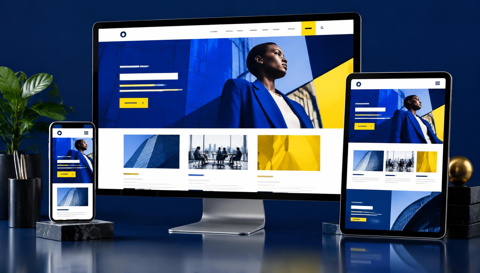 A responsive business website shown across desktop and mobile screens